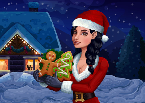 Christmas girl with cookies on winter background. Vector illustration