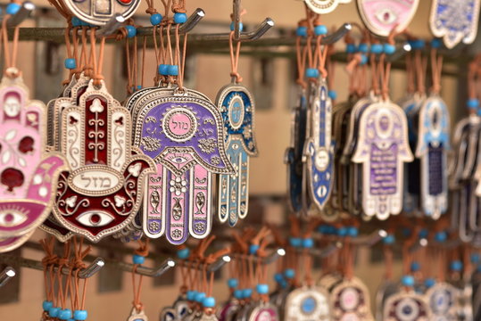 Hamsa (Hand of God) pendants and jewelry for sale in the Jaffa flea market, Tel Aviv, Israel