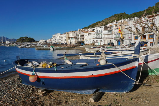 Spain Catalonia traditional fishing boats on the beach, Mediterranean village El Port de la Selva, Costa Brava, Alt Emporda