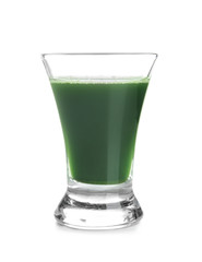 Shot of wheat grass juice on white background