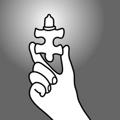 hand holding jigsaw with condom vector illustration doodle sketch hand drawn with black lines isolated on gray background. Business concept.