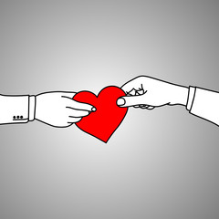 businessman holding red heart vector illustration doodle sketch hand drawn with black lines isolated on gray background. shaking hands with love. Support business concept.