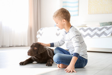 Cute little boy with dog on floor at home