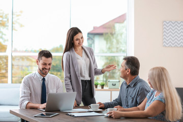 Insurance agents consulting senior couple in office