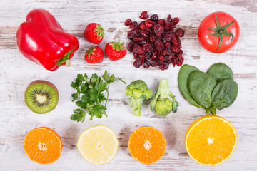 Fruits and vegetables as sources vitamin C, dietary fiber and minerals, strengthening immunity concept
