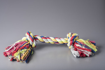 Colorful dog cotton rope for games and fun, grey background, top front view, dog training accessory