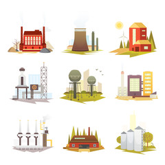Obraz premium Different industrial factory buildings and plants. Industrial city construction set vector illustrations