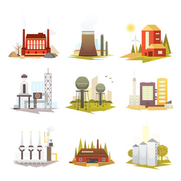 Different industrial factory buildings and plants. Industrial city construction set vector illustrations