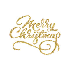 Merry Christmas, XMAS gold glitter brushpen lettering, calligraphy with white background for logo, design concepts, banners, labels, postcards, invitations, prints, posters, web. Vector illustration.