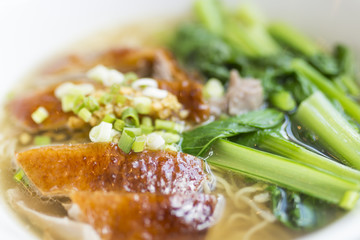 close up of roasted duck with noodles in soup