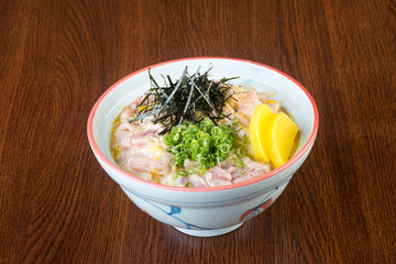 japanese cuisine. fried chicken rice on the background