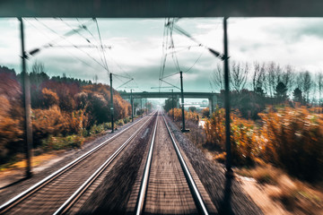 Shooting cabin from a high-speed train passing under the bridge: two railway tracks stretching into vanishing point, bridge in distance, naked trees and autumn plants, dull sky, posts with wires - Powered by Adobe