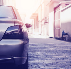 vintage photo of modern car in retro style city urban