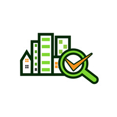 Check Building with magnifying glass.  Concept of finding a good house.  Vector Illustration on white background