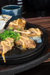 japanese cuisine. hot plate sea food on the background