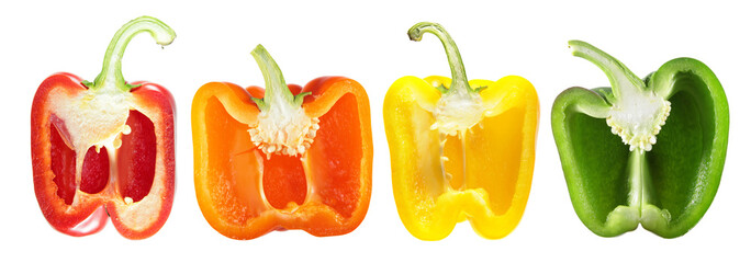 Set of sweet peppers of different colors (green, yellow, orange, red) cut in half inside longitudinal section isolated on white background