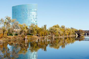Bright reflecting building on the Sacramento River, California