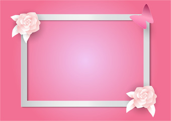 Pink flowers and frame on pink background. paper art and craft style. vector illustration for Valentine's day01
