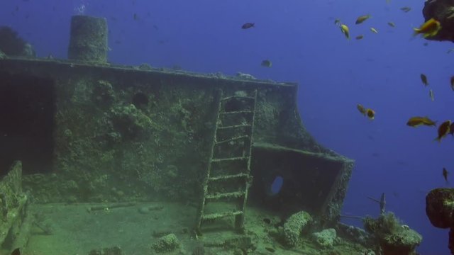 Deck of a sunken ship underwater Red sea. Video about shipwrecked on background of marine lagoon.
