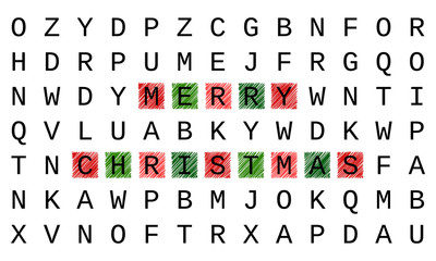 Merry Christmas greeting card, crossword style