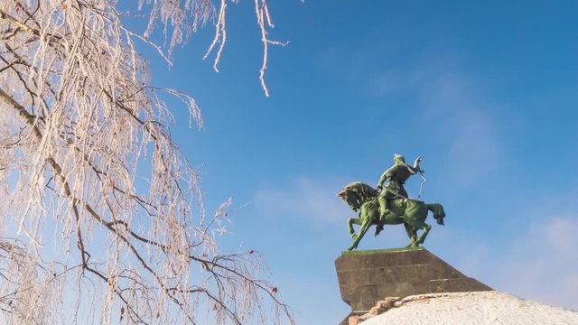 Monument to Salavat Yulaev in Ufa at winter beautiful sunny day timelapse