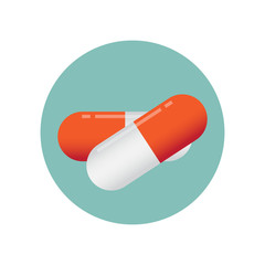 Pill capsule on green circle on white background