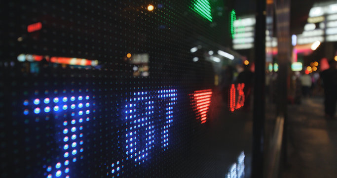 Display screen showing stock market prices at night