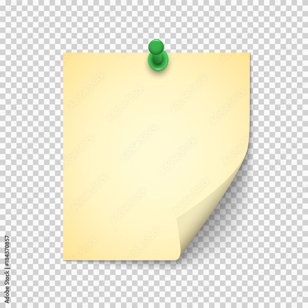 Poster note paper with shadow and pushpin on transparent background