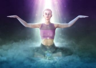 Fototapeta na wymiar Beautiful girl doing yoga on fantasy clouds 3d illustration