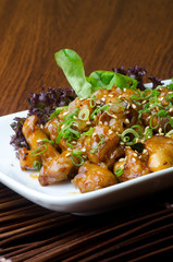 japanese cuisine. fry sauce chicken on the background