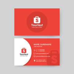 Vector modern creative and clean business card template, flat design with red color and shopping symbol logo, business card vector template