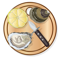 fresh oysters, lemon and wine isolated on white