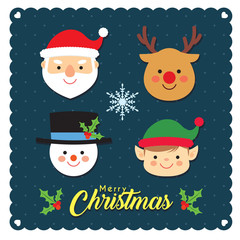 Set of Christmas character head : santa claus, reindeer, snowman and christmas elf in flat design style. Christmas cartoon collection. Vector illustration.