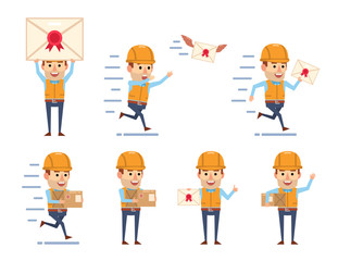 Fototapeta premium Set of funny construction worker characters posing with mail. Cheerful worker holding letter, parcel box, running and showing other actions. Flat style vector illustration