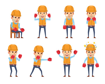 Set of funny construction workers posing with boxing gloves. Cheerful worker boxing, attacking, defending, dazed and showing other actions. Flat style vector illustration