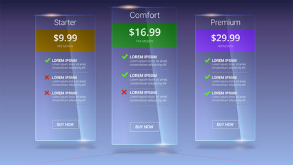 Three glass banners with tariffs plan. Comparison of pricing table set for business, bullet list with commercial plan. Template for prices of business product, vector 3D illustration.