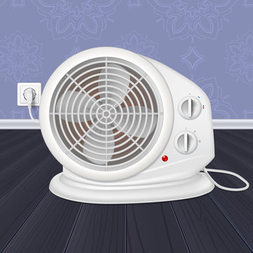 Electric Heater With Fan, Radiator Appliance For Space Heating In The Interior Of Room. Domestic Electric Heater With Plug And Electric Cord. 3D Illustration