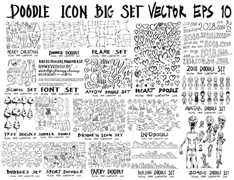 MEGA set of doodles vector. Super collection of christmas, ribbon, frame, heart, school, font, arrow, summer, tree, business, sport, party, info, shopping, bubble, city scape, avatar, zombie, new year