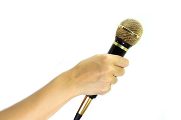 Journalism and conference concept. Reporter hands hold microphones. Isolated on white background.