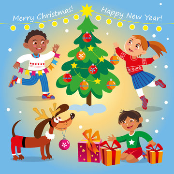 Vector set of cute kids who dressing up a Christmas tree