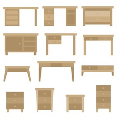 Furniture without line icon set desk, table, and Drawer, flat design