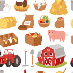 Farm vector tools and symbols house, traktor cartoon farming village symbols animal and vegetables agriculture farmland illustration seamless pattern background