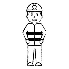 standing happy firefighter worker with uniform and helmet vector illustration