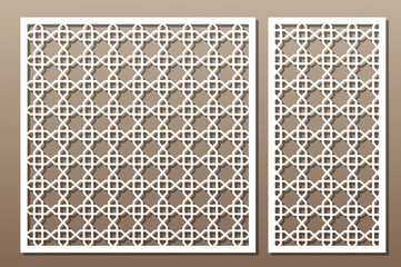 Set decorative elements for laser cutting. Geometric ornament pattern. Pattern quadrate lines. The ratio 1:2, 1:1. Vector illustration.