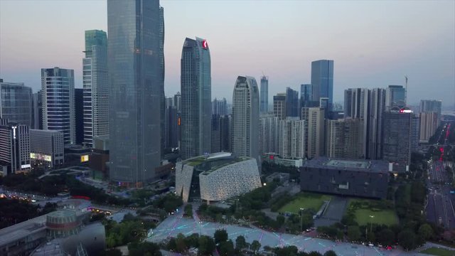 sunset time guangzhou downtown cityscape library museum aerial panorama 4k china
