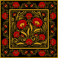 Crafted folk floral pattern vector. Square scarf design. Flower silk batik print. Template for russian shawl, ethnic tablecloth textile, khokhloma ornament casket, persian rug, vintage medallion.