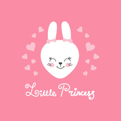 Cute baby pattern with little bunny. Cartoon animal girl print vector. Pink background with smiling rabbit and hearts for princess birthday party, kids t-shirt, pajamas, children bedroom pillow.