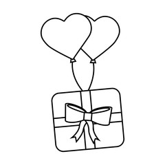 wrapped gift box flying with balloons heart romantic vector illustration