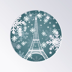 Fototapeta na wymiar Christmas Paper Cut Greeting Card with Eiffel Tower in Paris France. Vector Illustration. Happy New Year Concept with Snowflakes.