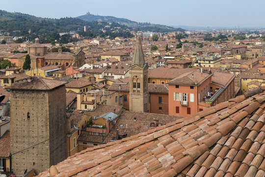 View of the San Paolo Maggiore basilica, the church of San Giovanni Battista dei Celestini and the Torre Galluzzi from the rooftop of  the San Petronio basilica, Bologna, Emilia Romagna, Italy.